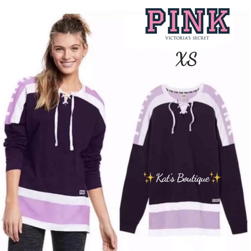 (NWT) Victoria’s Secret PINK Lace-UP Varsity Graphic Crew Plum/Purple Petal, XS